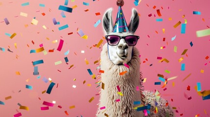 Obraz premium A festive llama in sunglasses and a party hat is showered with colorful confetti