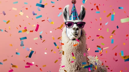 Papier peint photo autocollant rond Lama A festive llama in sunglasses and a party hat is showered with colorful confetti