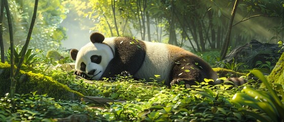A gentle panda enjoys the tranquility of its natural forest habitat
