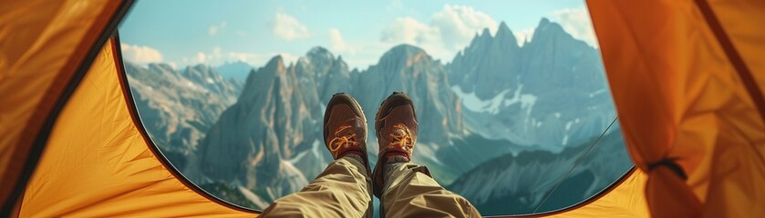 A hiker relaxes inside a tent feet stretched out towards a breathtaking view of mountains