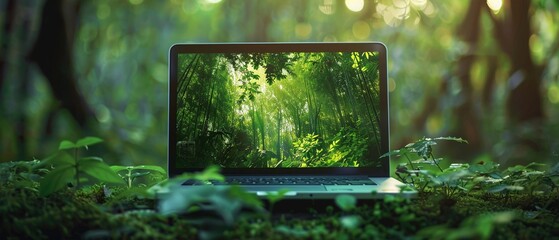 A laptop with a vibrant green nature-themed screen sits in a tranquil forest setting.