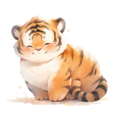 Fototapeten A cute little tiger is sitting on the ground, looking happy and relaxed. The tiger has a big smile on its face and its eyes are closed, as if it's taking a nap. The scene is peaceful and serene © Wonderful Studio