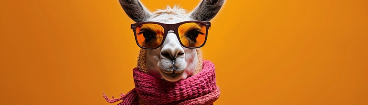 A fun-loving llama adorned with a scarf and sunglasses against an orange background