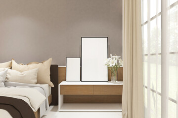3d rendering of interior bedroom side the window  with credenza and 2 frames mock up.White marble...