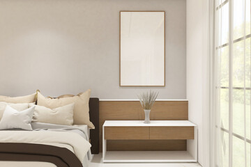 3d rendering of interior bedroom side the window  with credenza and frame mock up. White marble...