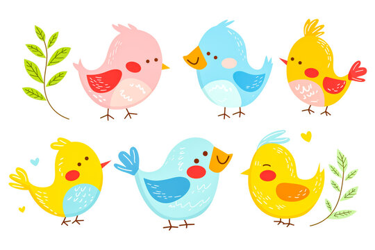 Beautiful and cute multi-coloured birds. Spring birds with beautiful beaks and red cheeks. Vector birds for postcards