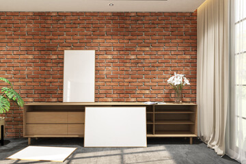 3d rendering of interior space side the window with credenza and 2 frames mock up. Cement floor and red brick  wall background. Set 14