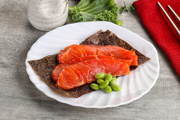 Sliced salmon sashimi in the plate