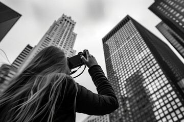 female with long hair photographing skyscrapers