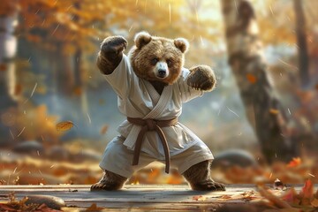 A whimsical representation of a bear practicing karate in a gi - obrazy, fototapety, plakaty