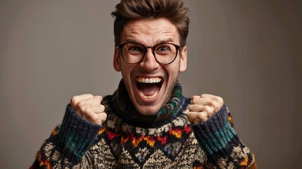 An ecstatic man with stylish glasses and a sweater exults with raised fists