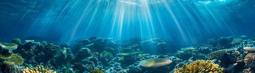 An underwater seascape with sun rays shining through the surface of the ocean. - obrazy, fototapety, plakaty