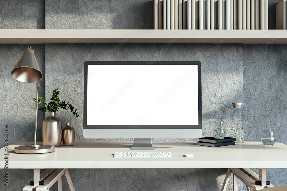 Poster Close up of simple designer workplace with empty mock up computer screen. 3D Rendering.