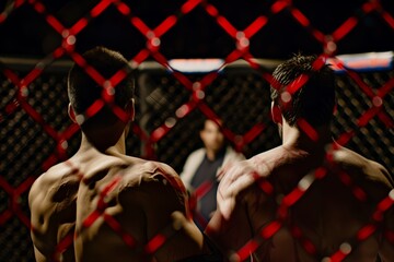 two fighters in an octagon cage, referee in the background - obrazy, fototapety, plakaty