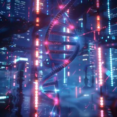 Futuristic DNA Double Helix Emerging from a HighTech Background in Digital Art Rendering Generative ai