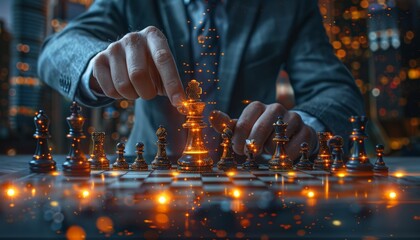 A businessman in a suit plays futuristic chess amidst an urban skyline showcasing real estate innovation, Generated by AI - obrazy, fototapety, plakaty