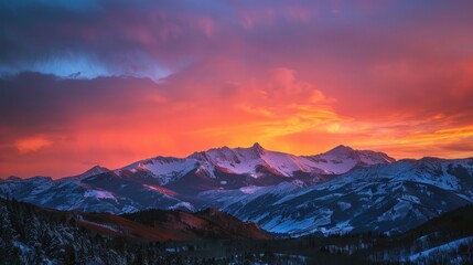 Radiant Mountain Silhouettes Under a Vivid Sunset Sky - Generative AI