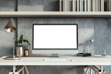 Close up of simple designer workplace with empty mock up computer screen. 3D Rendering.