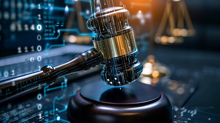AI ethics and AI Law concept Judicial gavel and laptop, generative Ai - obrazy, fototapety, plakaty