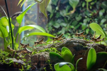 crickets in a terrarium with plants - obrazy, fototapety, plakaty