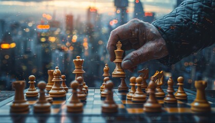 A businessman in a suit plays a futuristic game of chess showcasing real estate innovation against the backdrop of a bustling city skyline, Generated by AI - obrazy, fototapety, plakaty