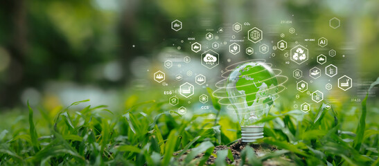 Environmental concept, ecology and sustainable environment of the world. Environmental ESG icon on a light bulb with a green earth shape. - obrazy, fototapety, plakaty