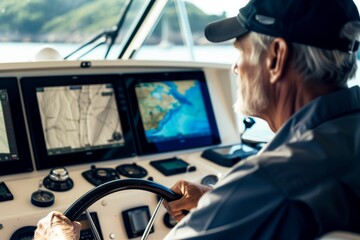 captain steering yacht, focused on navigational screens - obrazy, fototapety, plakaty