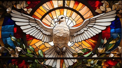 Vibrant stained glass The winged dove symbolizes the Holy Spirit of the New Testament.