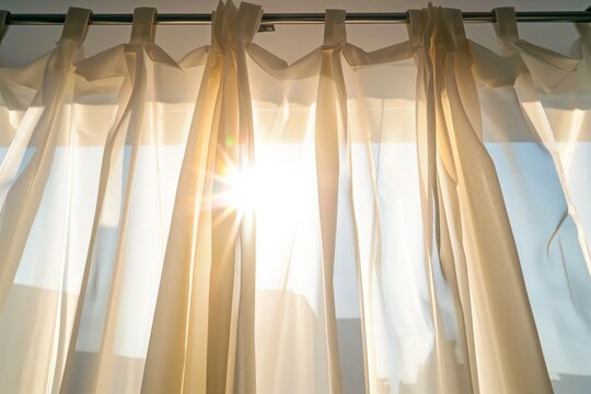 bright sunlight filtering through sheer curtains on a metal rod