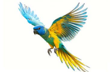 parrot flies with its wings spread on a white isolated background