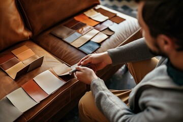 individual selecting leather swatches for a sofa