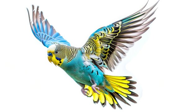 parrot flies with its wings spread on a white isolated background