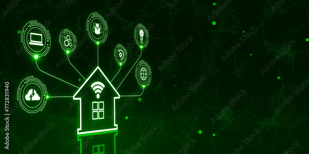 Aufkleber Creative smart house hologram on green background with mock up place. Artificial intelligence and virtual assistant concept. 3D Rendering.