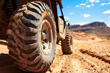 closeup of sandy tires on a dune buggy with desert landscape behind