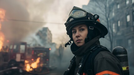 Female firefighter looking at fire