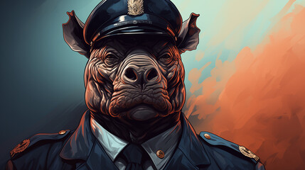 illustration of a cartoon rhinoceros in a police uniform on a monochrome background