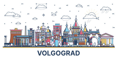 Outline Volgograd Russia city skyline with colored modern and historic buildings isolated on white. Volgograd cityscape with landmarks. - 772832102