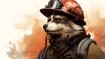 an illustration depicting a cartoon raccoon firefighter, rescuer on a monochrome background.