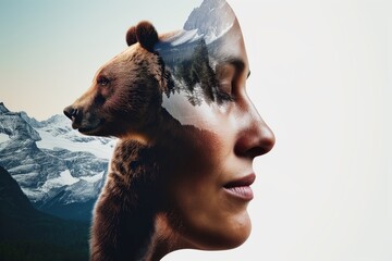 portrait of person, bear and mountain landscape in face - obrazy, fototapety, plakaty
