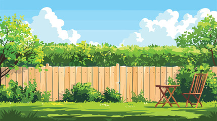 Backyard with wooden fence hedge and chair with table