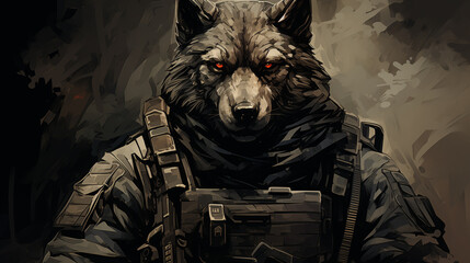 an illustration depicting a cartoon military wolf on a monochrome background.