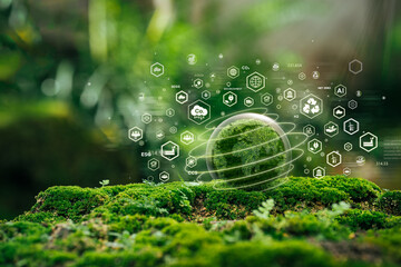 Green globe on the moss in the green forest Environmental concept, ecology and sustainable environment of the world. Icons scattered around green globe - obrazy, fototapety, plakaty