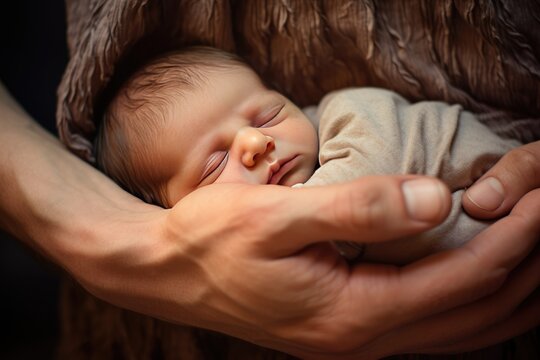 close view of a Newborn baby in the hands of a mother, Mother day concept AI generated