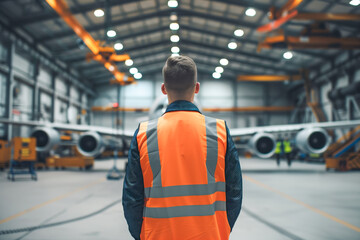 A man in a protective vest visits an aircraft factory. Back view