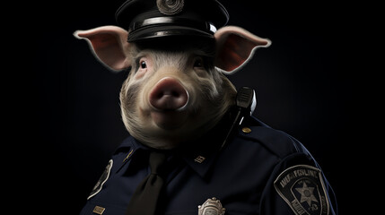 an illustration depicting a cartoon pig of a policeman, a sheriff on a monochrome background.