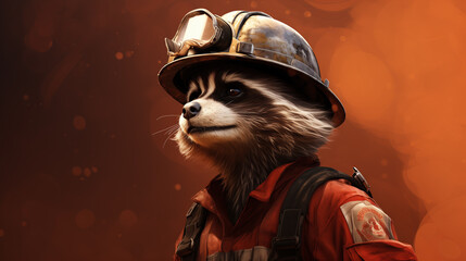 an illustration depicting a cartoon raccoon firefighter, rescuer on a monochrome background.