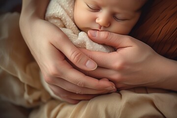 close view of a Newborn baby in the hands of a mother, Mother day concept AI generated