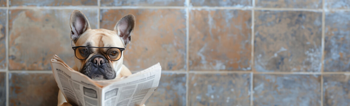 French Bulldog reading newspaper on toilet seat, humorous