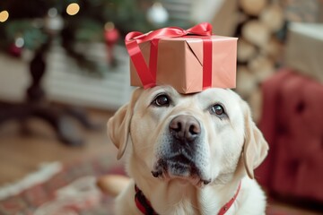 labrador sitting with a gift box balanced on nose