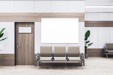 Modern office waiting room with blank white poster and wooden accents. 3D Rendering - obrazy, fototapety, plakaty